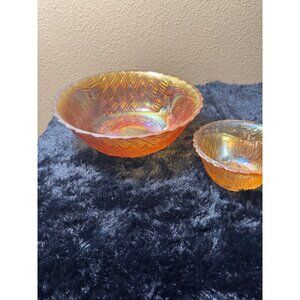 Vintage Indiana Carnival Glass Marigold Chip & Dip Bowl Basketweave Pattern